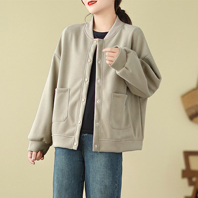 Plain Women's Buttons Crew Neck Long Sleeve Cotton Jacket With Pockets