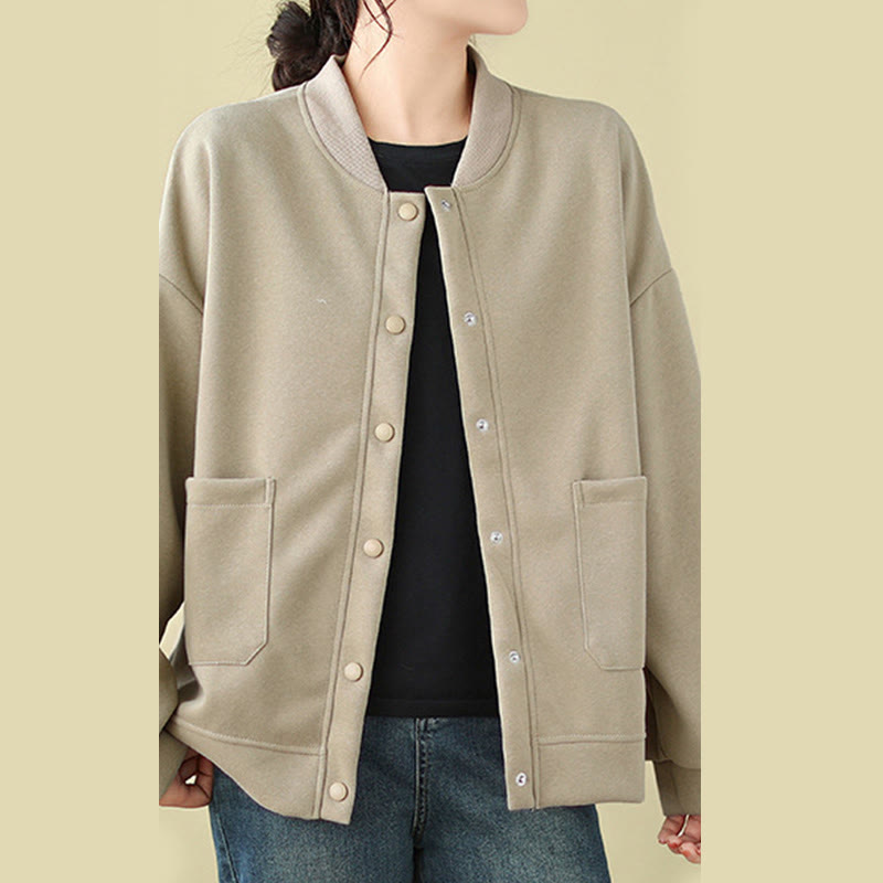Plain Women's Buttons Crew Neck Long Sleeve Cotton Jacket With Pockets