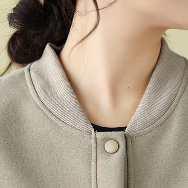 Plain Women's Buttons Crew Neck Long Sleeve Cotton Jacket With Pockets