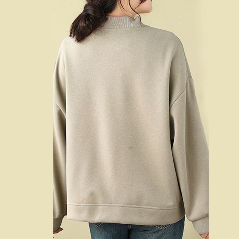 Plain Women's Buttons Crew Neck Long Sleeve Cotton Jacket With Pockets