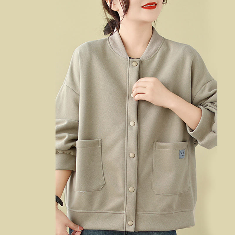 Plain Women's Buttons Crew Neck Long Sleeve Cotton Jacket With Pockets