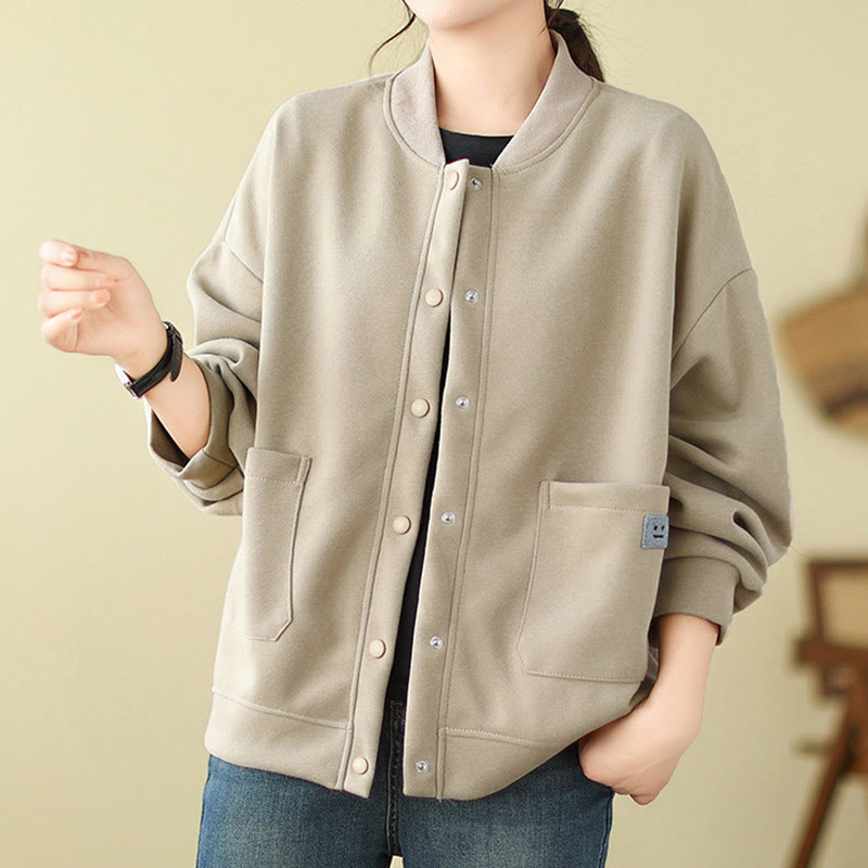 Plain Women's Buttons Crew Neck Long Sleeve Cotton Jacket With Pockets