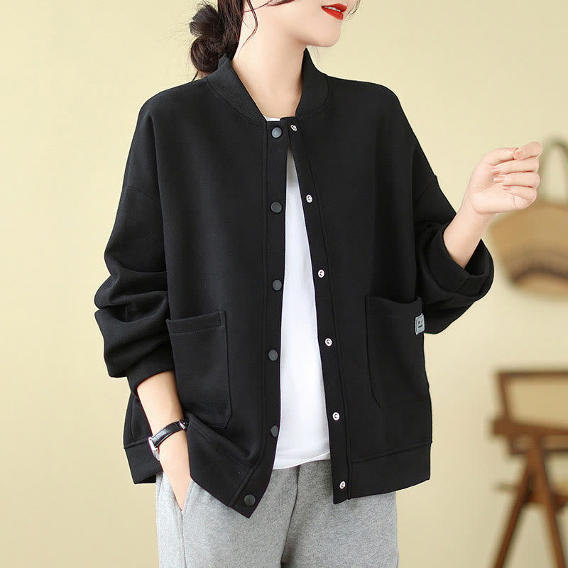 Plain Women's Buttons Crew Neck Long Sleeve Cotton Jacket With Pockets