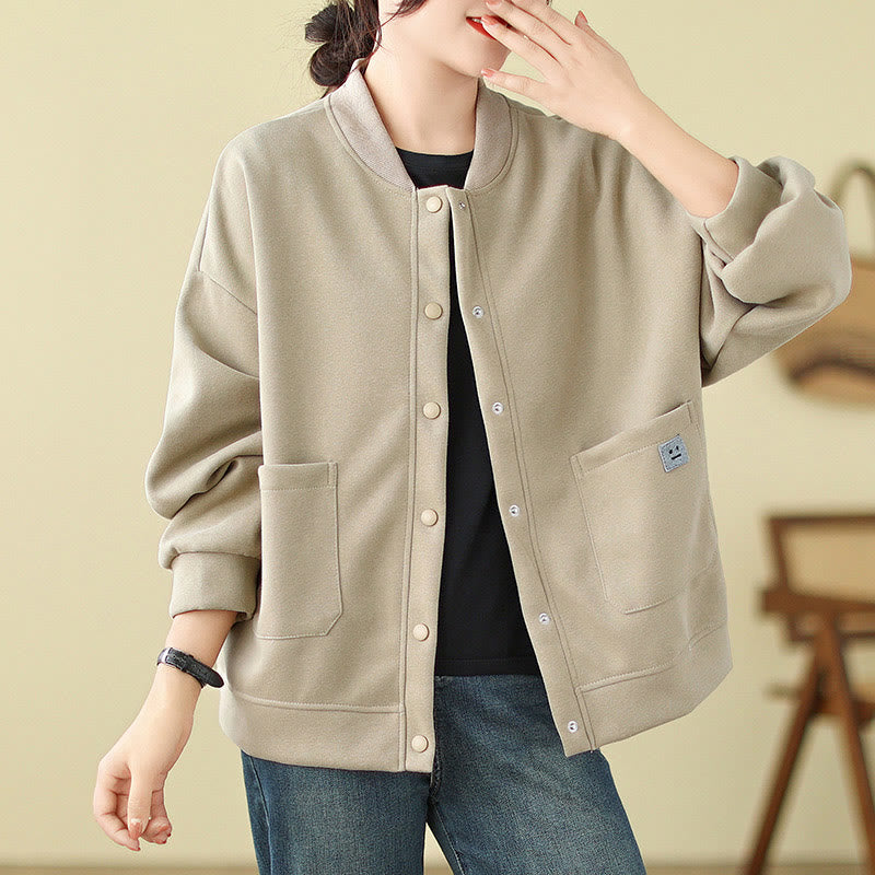 Plain Women's Buttons Crew Neck Long Sleeve Cotton Jacket With Pockets
