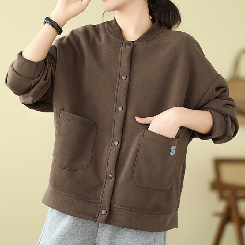 Plain Women's Buttons Crew Neck Long Sleeve Cotton Jacket With Pockets