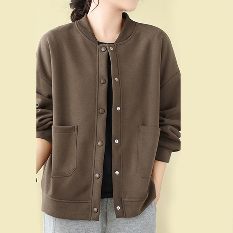 Plain Women's Buttons Crew Neck Long Sleeve Cotton Jacket With Pockets