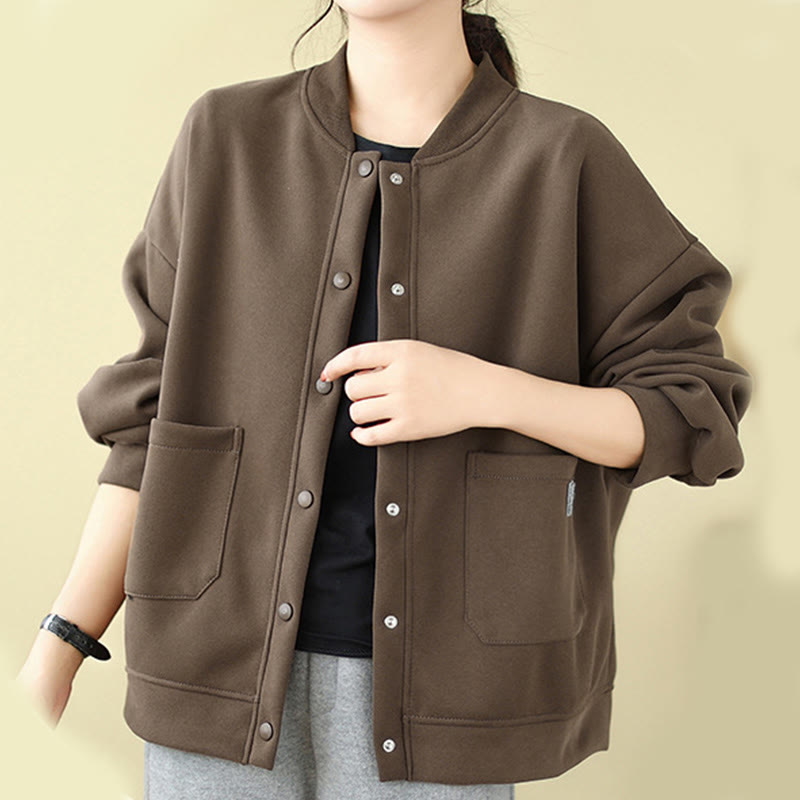 Plain Women's Buttons Crew Neck Long Sleeve Cotton Jacket With Pockets
