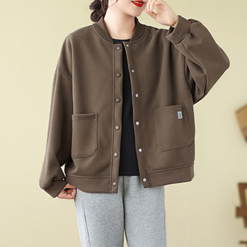 Plain Women's Buttons Crew Neck Long Sleeve Cotton Jacket With Pockets