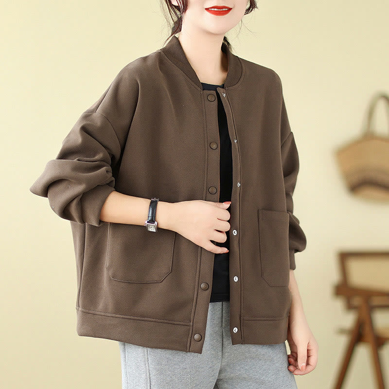 Plain Women's Buttons Crew Neck Long Sleeve Cotton Jacket With Pockets