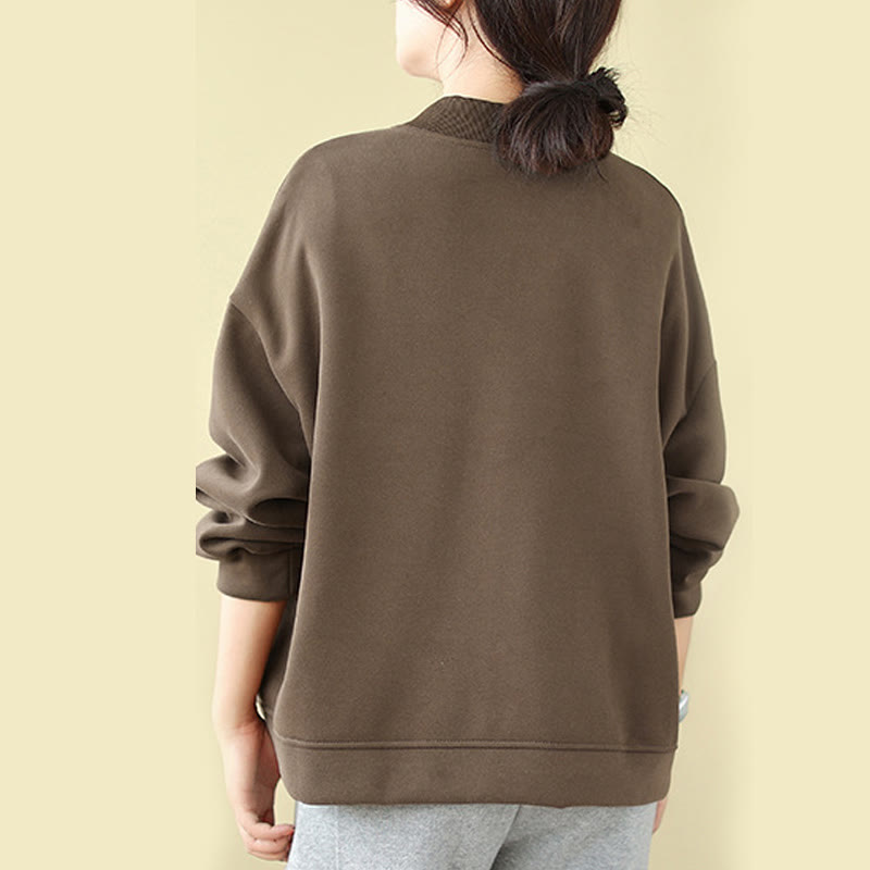 Plain Women's Buttons Crew Neck Long Sleeve Cotton Jacket With Pockets
