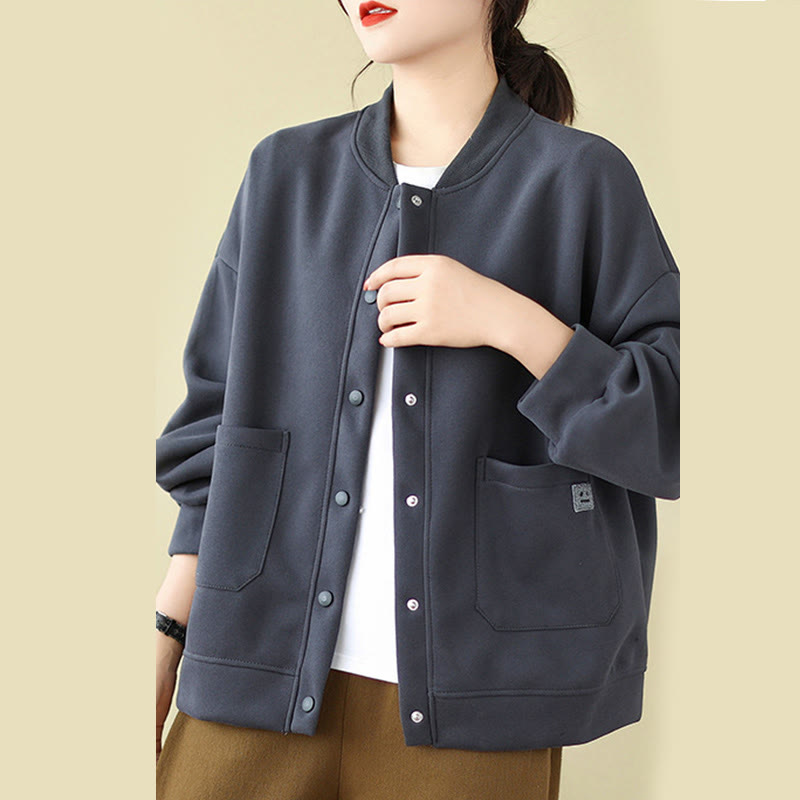 Plain Women's Buttons Crew Neck Long Sleeve Cotton Jacket With Pockets