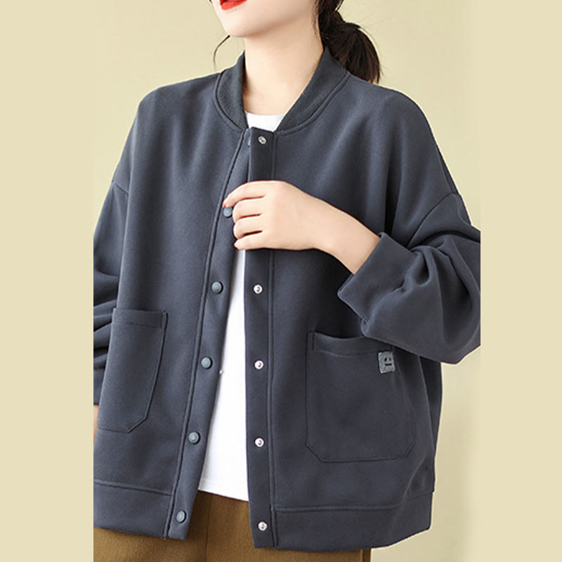 Plain Women's Buttons Crew Neck Long Sleeve Cotton Jacket With Pockets