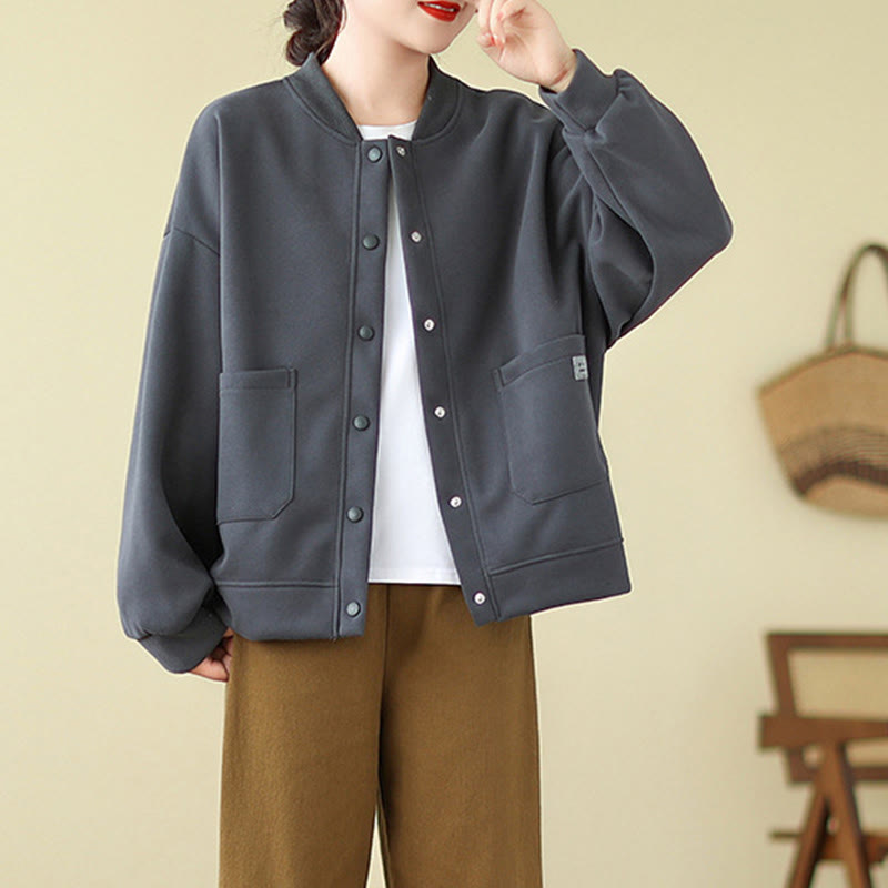 Plain Women's Buttons Crew Neck Long Sleeve Cotton Jacket With Pockets