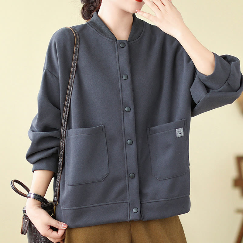 Plain Women's Buttons Crew Neck Long Sleeve Cotton Jacket With Pockets