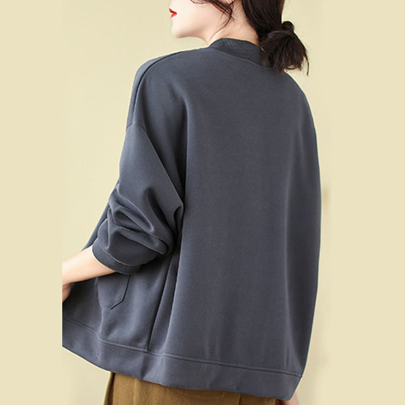 Plain Women's Buttons Crew Neck Long Sleeve Cotton Jacket With Pockets
