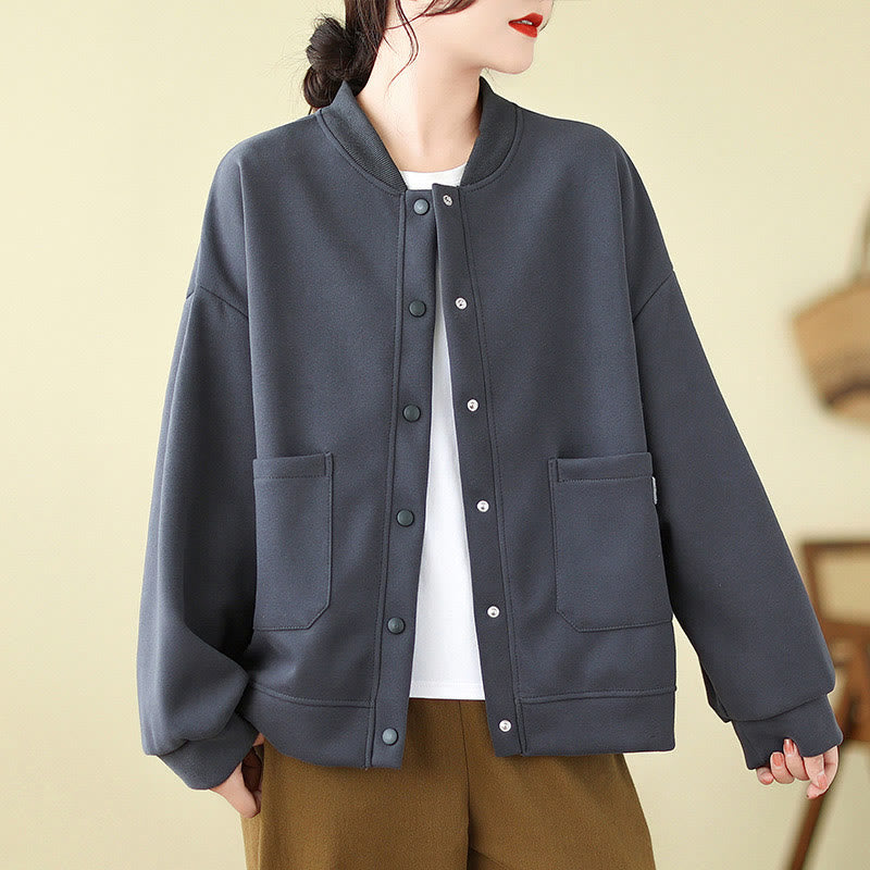 Plain Women's Buttons Crew Neck Long Sleeve Cotton Jacket With Pockets