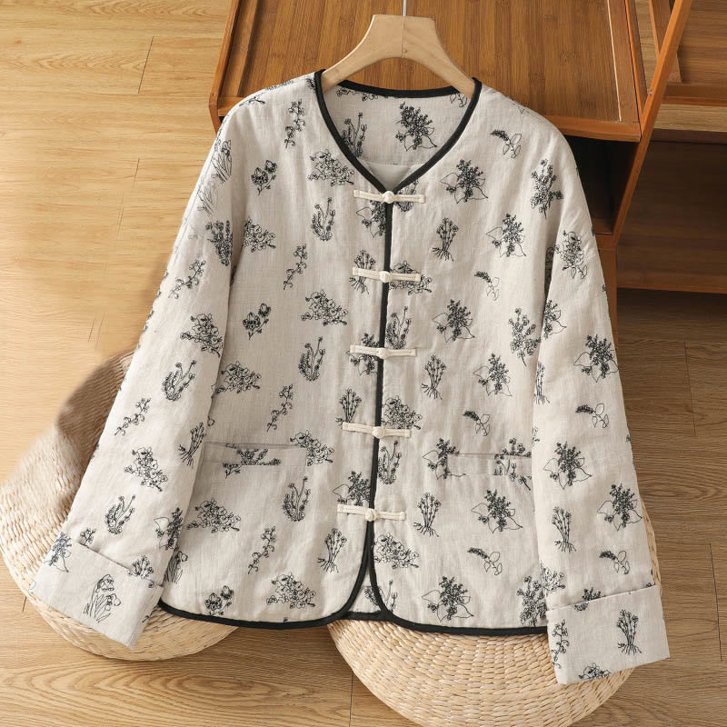 Women's Embroidery Frog-button Long Sleeve Cotton Padded Jacket With Pockets