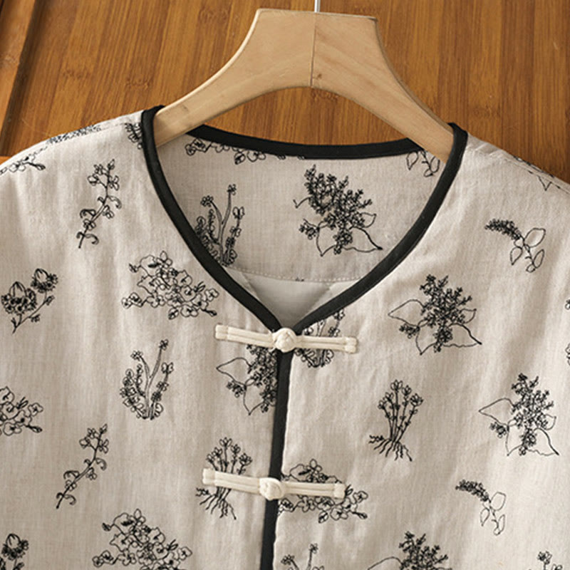 Women's Embroidery Frog-button Long Sleeve Cotton Padded Jacket With Pockets