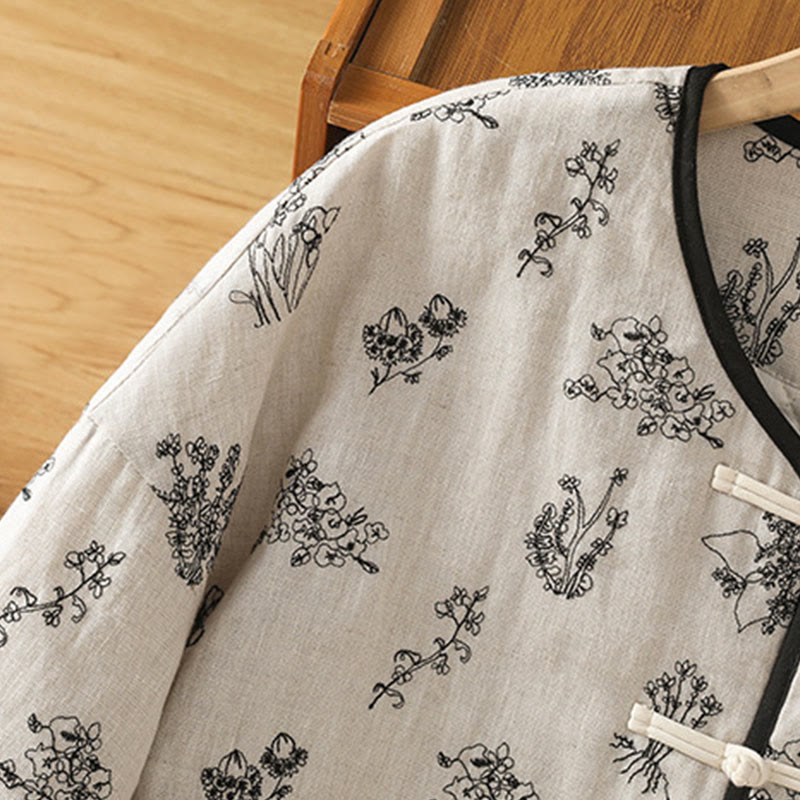 Women's Embroidery Frog-button Long Sleeve Cotton Padded Jacket With Pockets