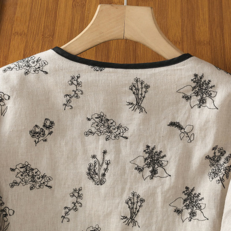 Women's Embroidery Frog-button Long Sleeve Cotton Padded Jacket With Pockets