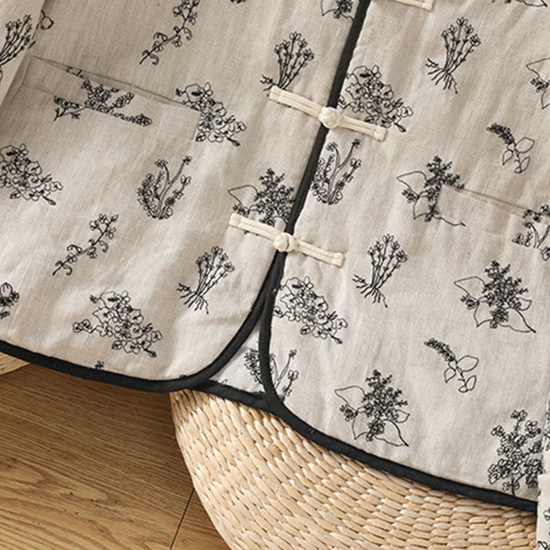 Women's Embroidery Frog-button Long Sleeve Cotton Padded Jacket With Pockets