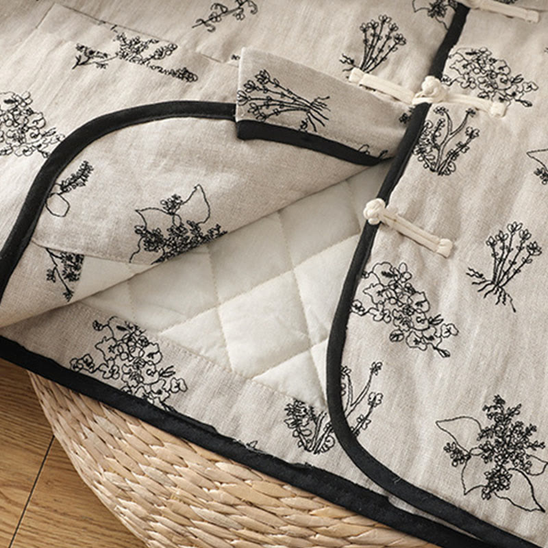 Women's Embroidery Frog-button Long Sleeve Cotton Padded Jacket With Pockets