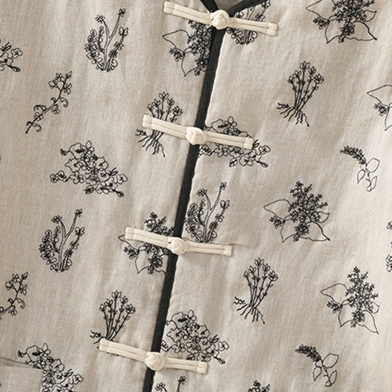 Women's Embroidery Frog-button Long Sleeve Cotton Padded Jacket With Pockets