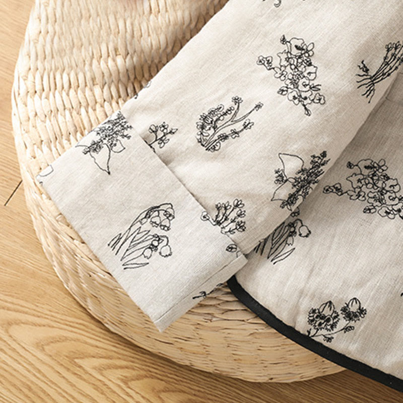 Women's Embroidery Frog-button Long Sleeve Cotton Padded Jacket With Pockets