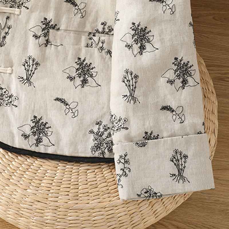 Women's Embroidery Frog-button Long Sleeve Cotton Padded Jacket With Pockets