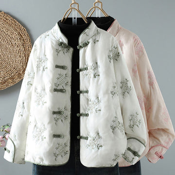 Women's Embroidery Frog-button Long Sleeve Cotton Thicken Jacket With Pockets