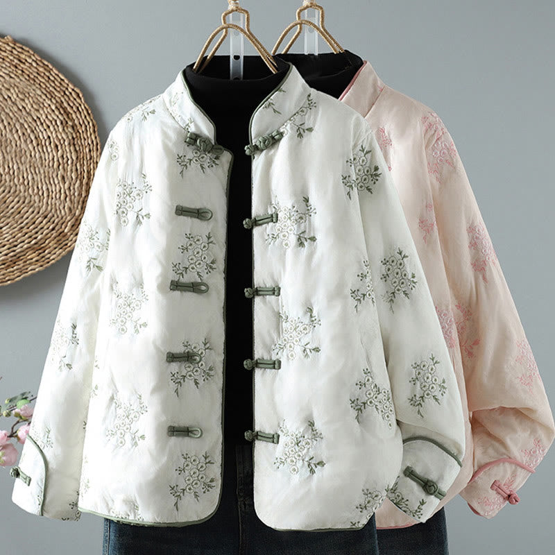Women's Embroidery Frog-button Long Sleeve Cotton Thicken Jacket With Pockets