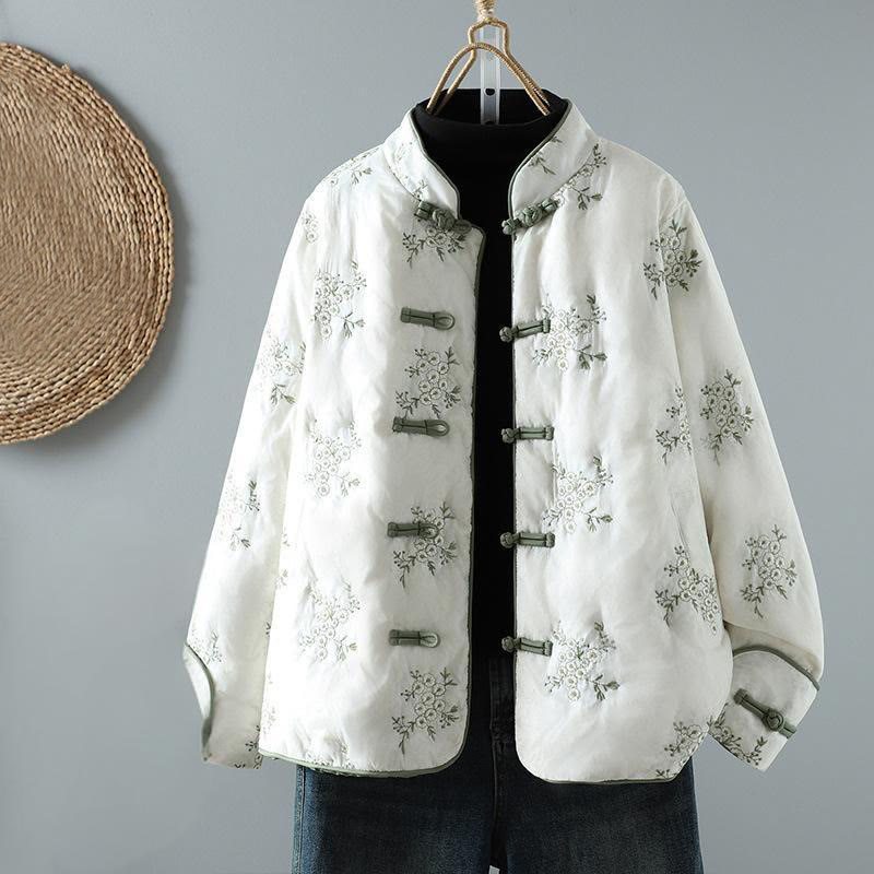Women's Embroidery Frog-button Long Sleeve Cotton Thicken Jacket With Pockets