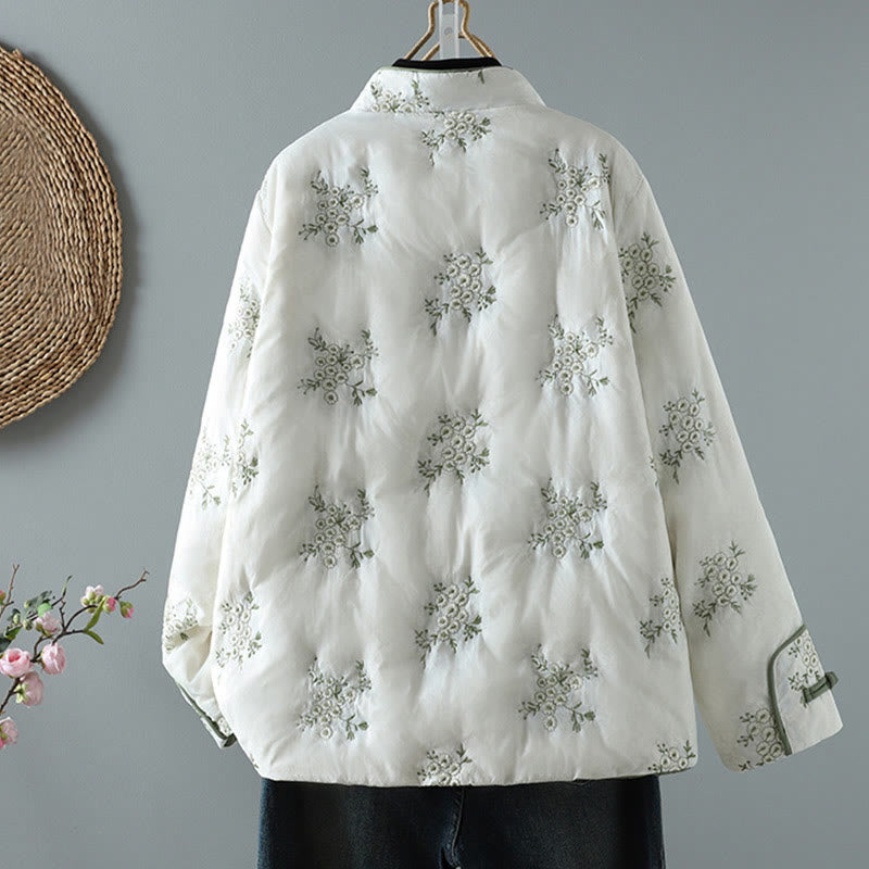 Women's Embroidery Frog-button Long Sleeve Cotton Thicken Jacket With Pockets