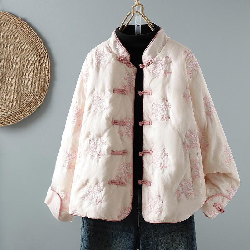 Women's Embroidery Frog-button Long Sleeve Cotton Thicken Jacket With Pockets