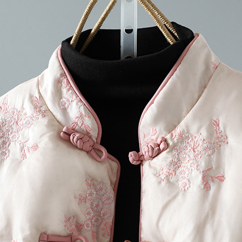 Women's Embroidery Frog-button Long Sleeve Cotton Thicken Jacket With Pockets