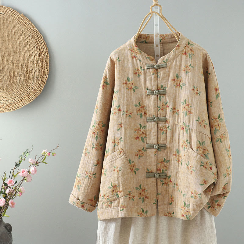 Women's Print Flowers Frog-button Long Sleeve Polyester Jacket With Pockets