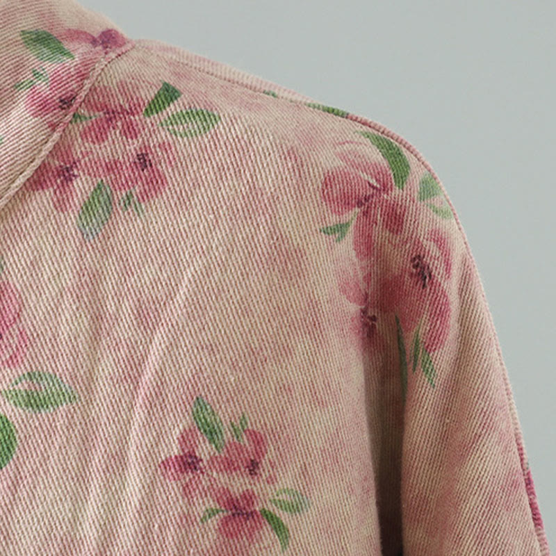 Women's Print Flowers Frog-button Long Sleeve Polyester Jacket With Pockets