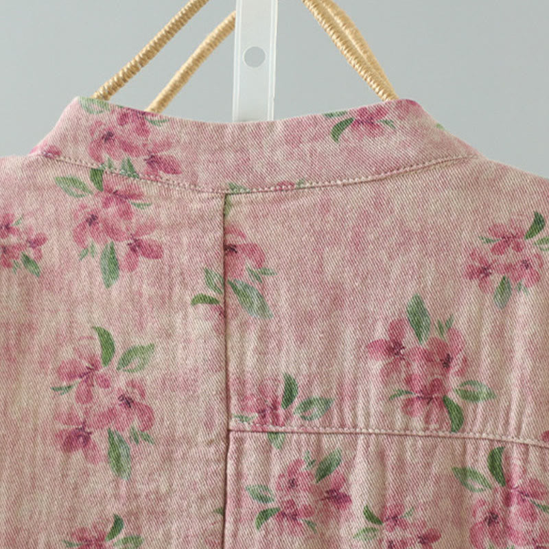 Women's Print Flowers Frog-button Long Sleeve Polyester Jacket With Pockets