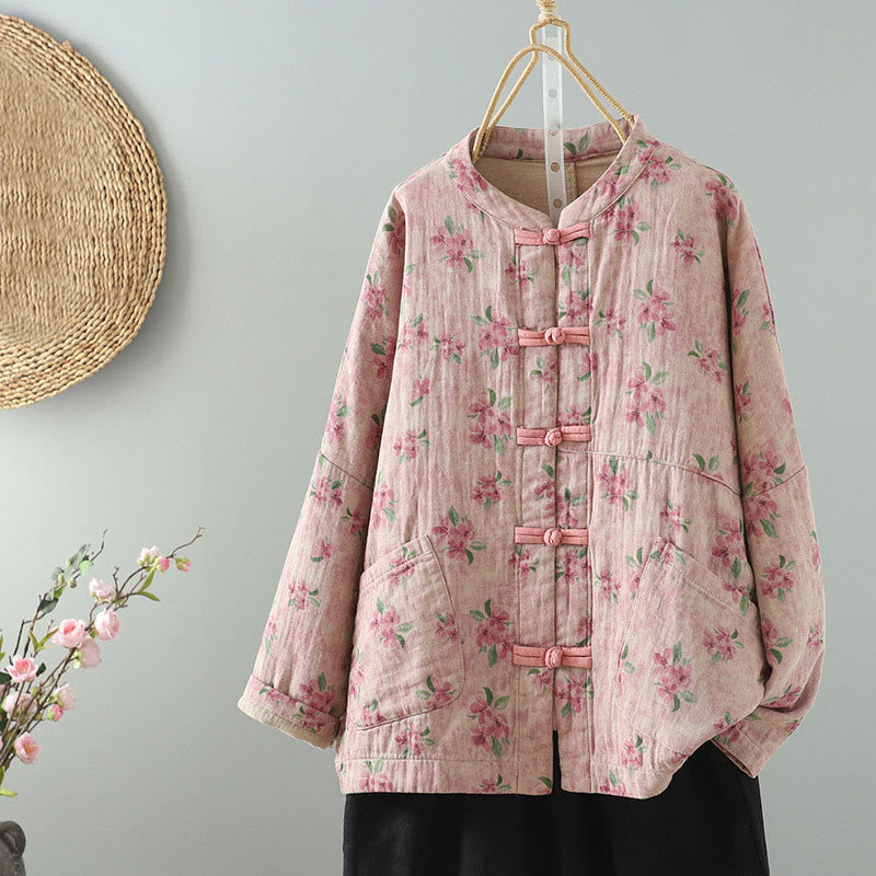 Women's Print Flowers Frog-button Long Sleeve Polyester Jacket With Pockets