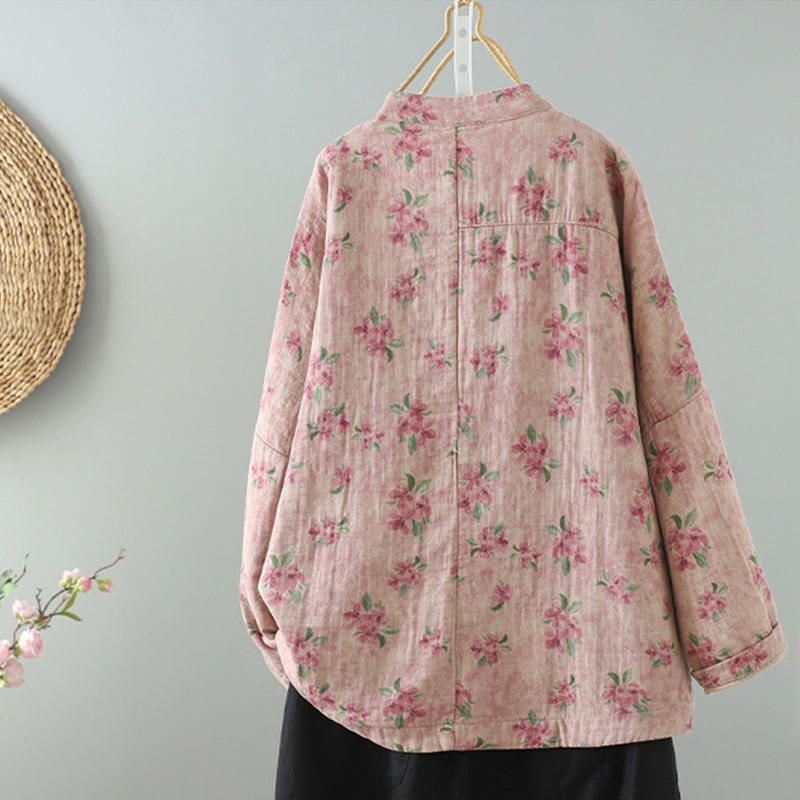 Women's Print Flowers Frog-button Long Sleeve Polyester Jacket With Pockets