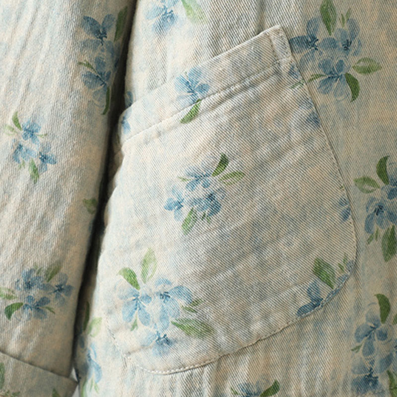 Women's Print Flowers Frog-button Long Sleeve Polyester Jacket With Pockets