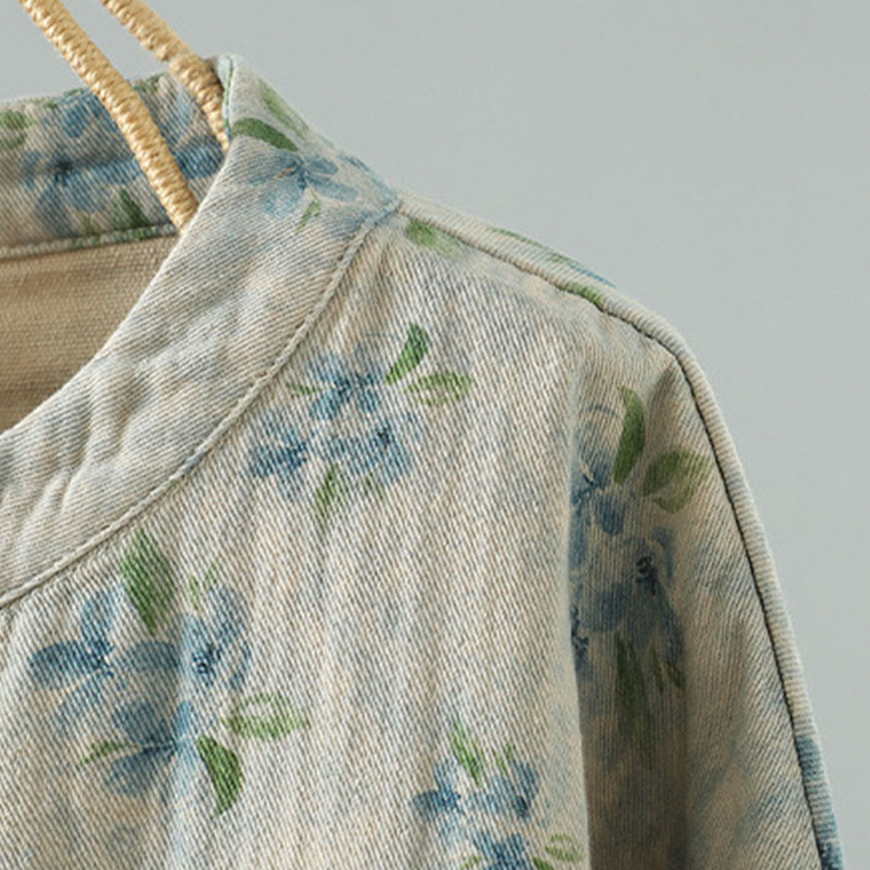 Women's Print Flowers Frog-button Long Sleeve Polyester Jacket With Pockets