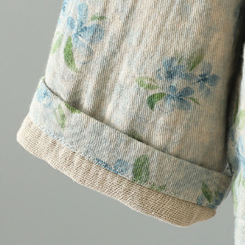 Women's Print Flowers Frog-button Long Sleeve Polyester Jacket With Pockets