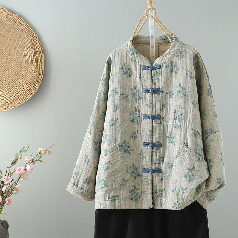 Women's Print Flowers Frog-button Long Sleeve Polyester Jacket With Pockets