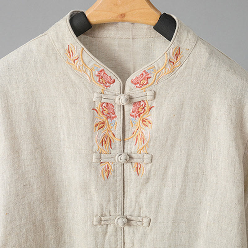 Breathable Embroidered Cotton Stand-Collar Mindful Shirt