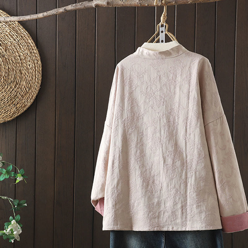 Casual Women's Flower Pattern Long Sleeve Stand Collar Cotton Shirt