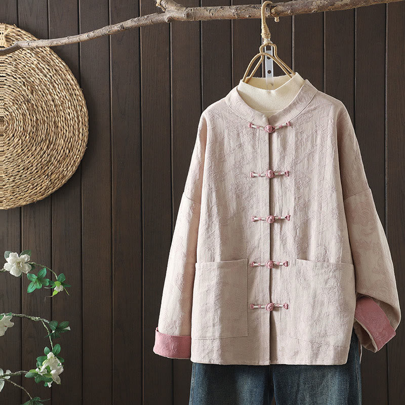 Casual Women's Flower Pattern Long Sleeve Stand Collar Cotton Shirt