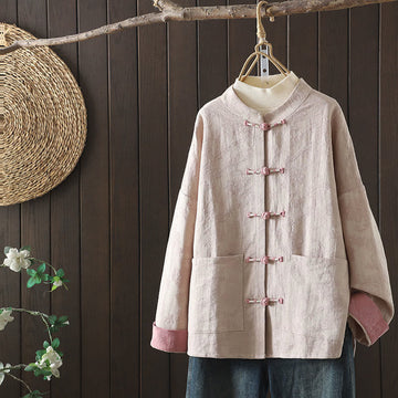 Casual Women's Flower Pattern Long Sleeve Stand Collar Cotton Shirt