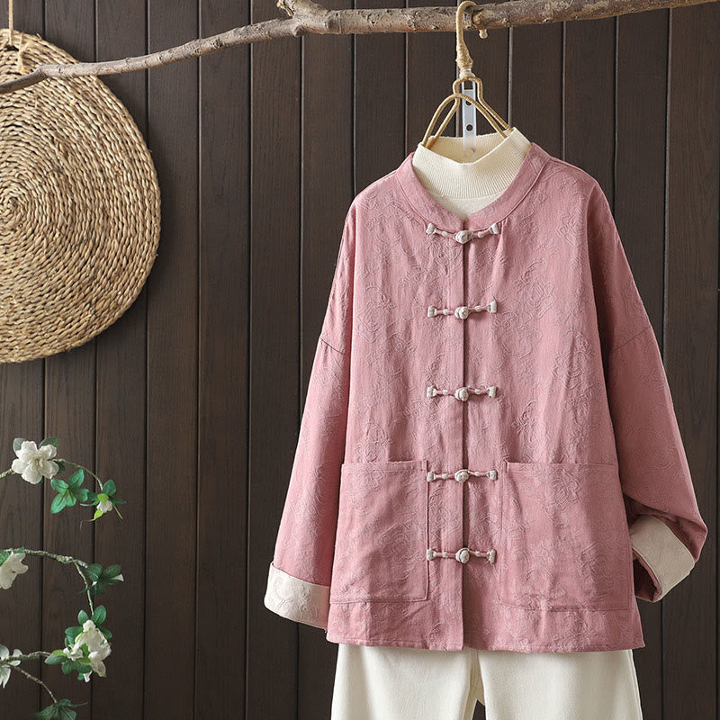 Casual Women's Flower Pattern Long Sleeve Stand Collar Cotton Shirt