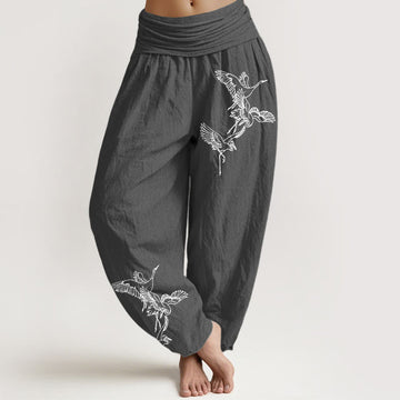 Breathable Cotton Crane Print Mindful Movement Harem Pants